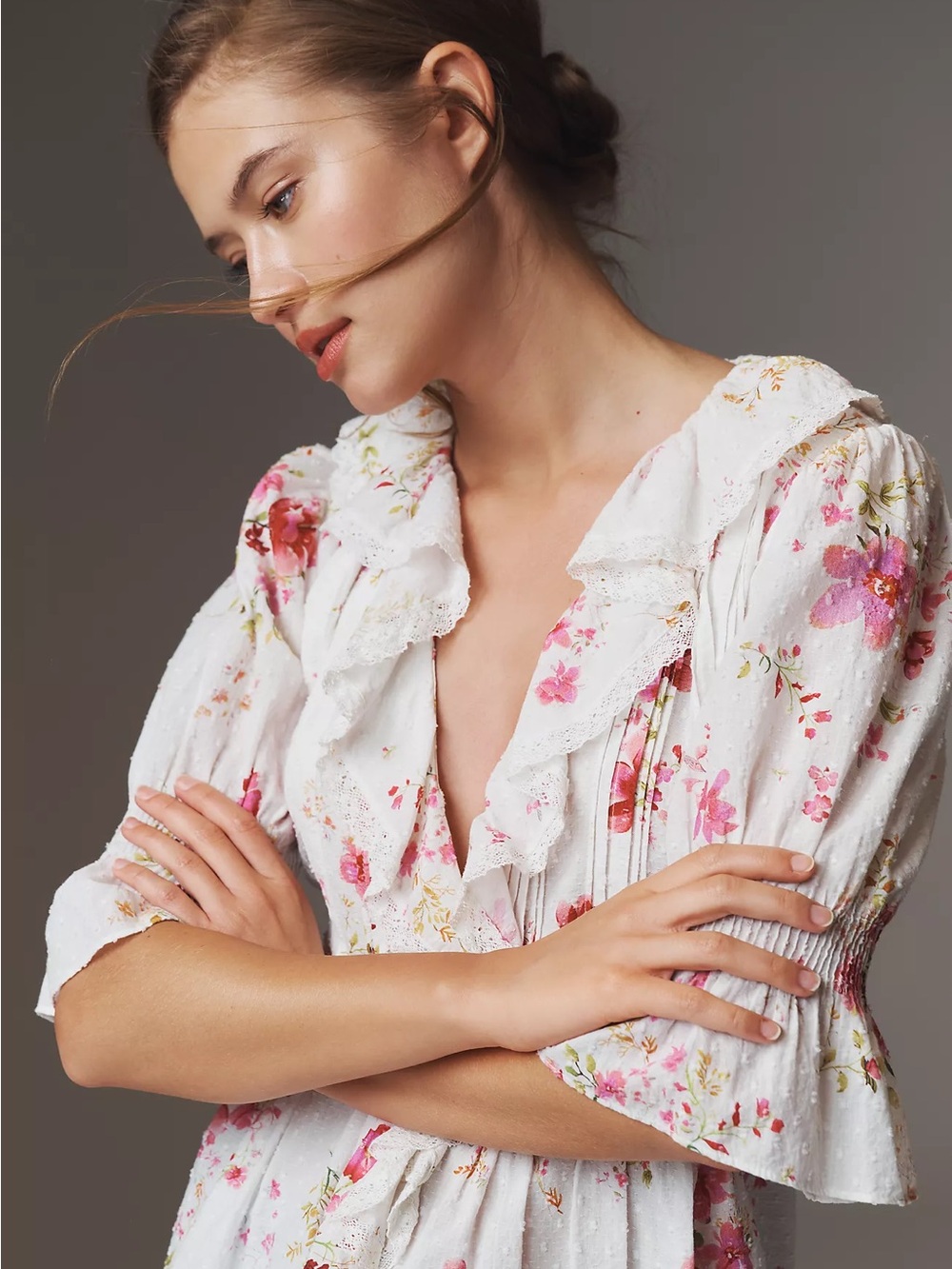 Anthropologie White Floral Ruffle V-Neck Peplum Blouse - Picture 2 of 8